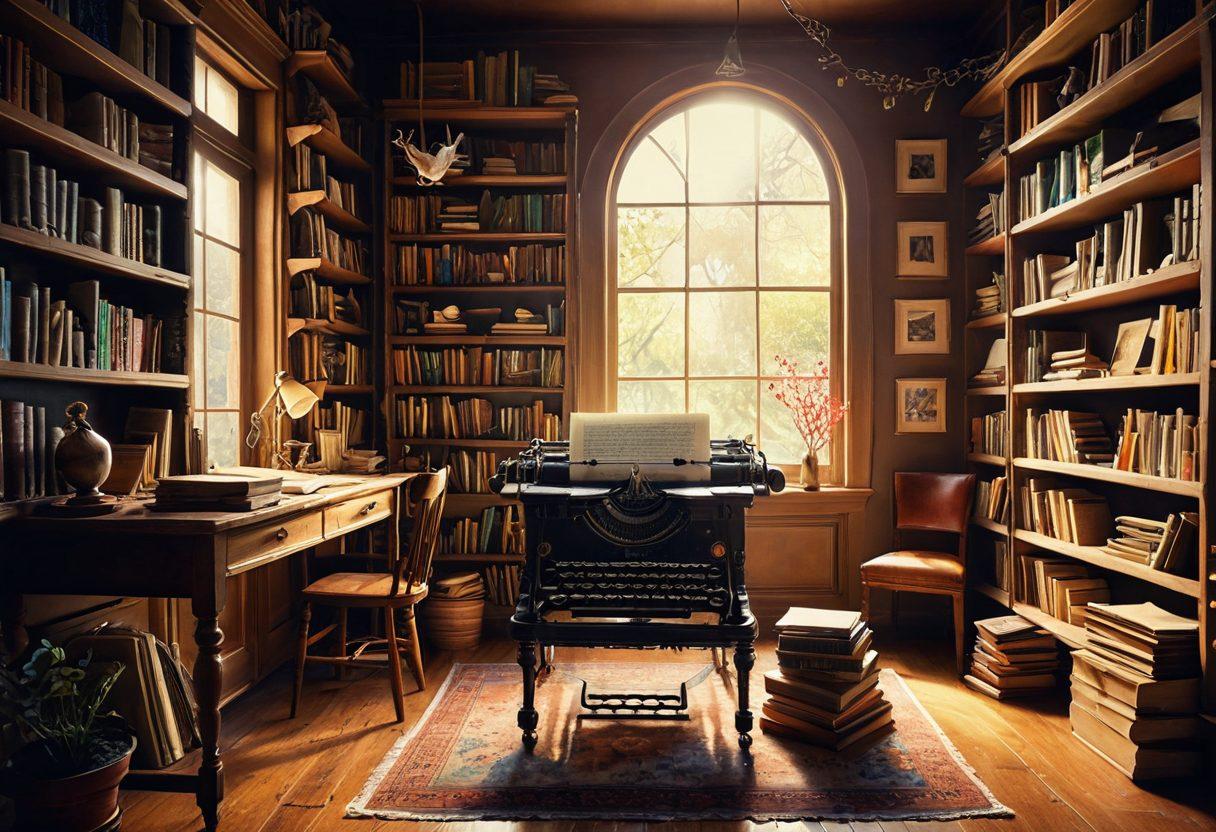 A whimsical library filled with flying books, colorful characters from different stories, and a large window revealing a fantastical world outside. An old typewriter sits on a wooden desk, surrounded by notes and sketches, capturing the essence of creativity. The warm light filters through the window, casting playful shadows on the shelves. Enchanting creatures peek from behind the books, inviting the viewer into this literary adventure. vibrant colors. magical realism. super-realistic.