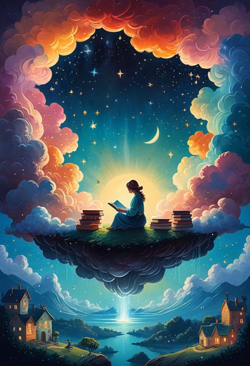 A whimsical illustration of a storyteller surrounded by floating books, each depicting different themes and adventures from Morris Lessmore's worlds. Vivid colors that evoke a sense of wonder, with ethereal landscapes and characters emerging from the pages. A night sky filled with stars and words transforming into images, showcasing the power of narrative. Soft, dreamlike atmosphere. painting. vibrant colors.