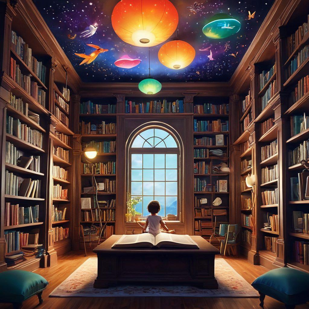A whimsical library filled with floating books, each radiating colorful light, showcasing a diverse group of children captivated by storytelling. In the center stands a joyful character reminiscent of Morris Lessmore, surrounded by magical animation of flying pages and vivid imagination illustrations. The atmosphere should exude warmth and inspiration, inviting viewers to explore creativity. dreamy, vibrant colors, super-realistic.